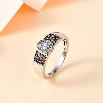 Santa Maria Aquamarine, Brown and White Zircon Ring in Platinum Over Sterling Silver (Size 10.0) 0.50 ctw