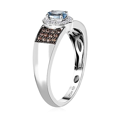 Santa Maria Aquamarine, Brown and White Zircon Ring in Platinum Over Sterling Silver (Size 10.0) 0.50 ctw