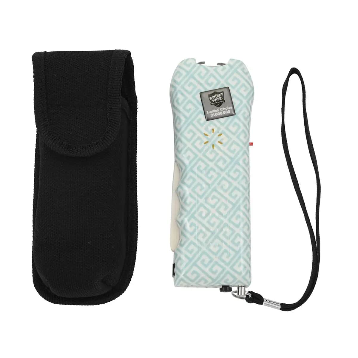 Streetwise Green and White Greek Key Pattern Stun Gun with Flash Light, Alarm and Carry Case (5x1.5) image number 0