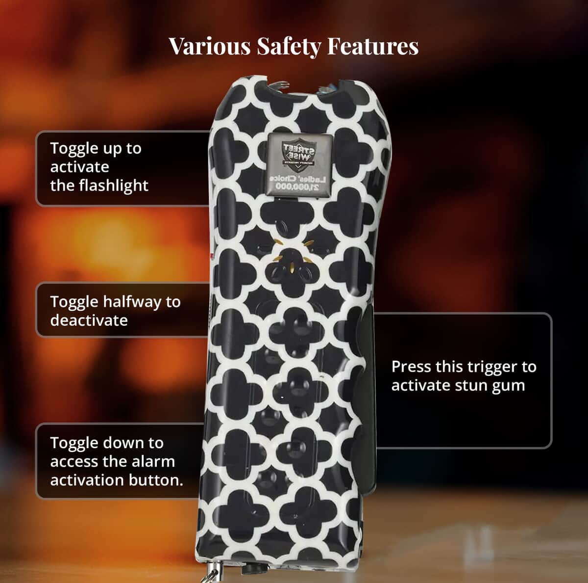 Closeout Streetwise Navy and White Moroccan Pattern Stun Gun with Flash Light, Alarm and Carry Case (5x1.5) image number 4