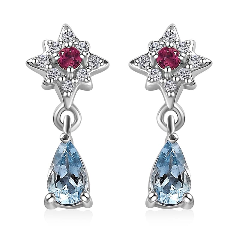 Santa Maria Aquamarine and Multi Gemstone Celestial Earrings in Platinum Over Sterling Silver 0.50 ctw