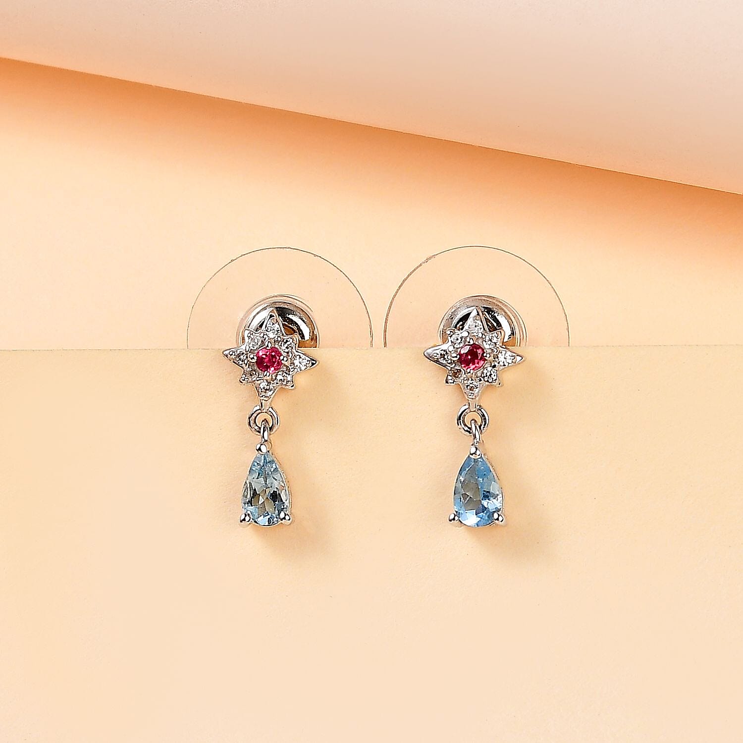 Santa Maria Aquamarine and Multi Gemstone Celestial Earrings in Platinum Over Sterling Silver 0.50 ctw
