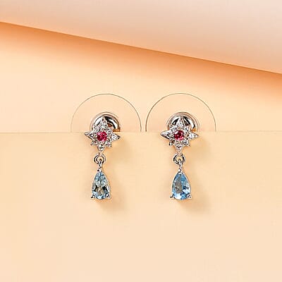 Santa Maria Aquamarine and Multi Gemstone Celestial Earrings in Platinum Over Sterling Silver 0.50 ctw