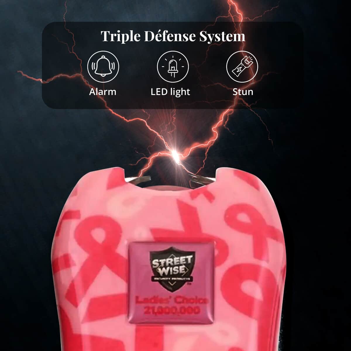 Closeout Streetwise Pink Cancer Awareness Ribbon Stun Gun with Flash Light, Alarm and Carry Case (5x1.5) image number 2