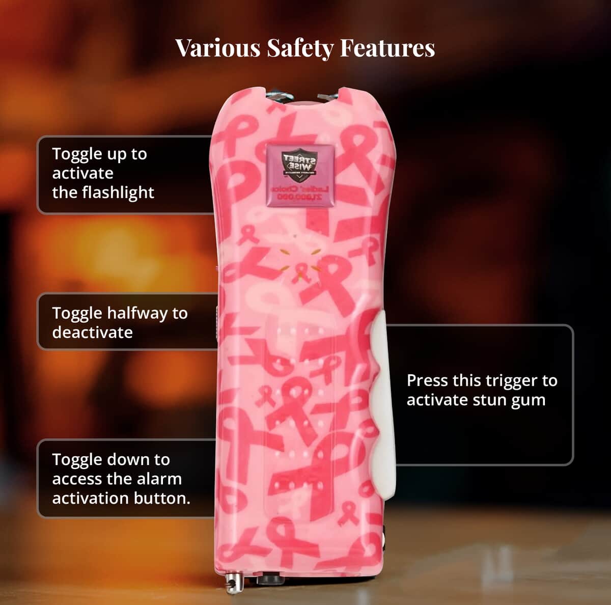 Closeout Streetwise Pink Cancer Awareness Ribbon Stun Gun with Flash Light, Alarm and Carry Case (5x1.5) image number 4