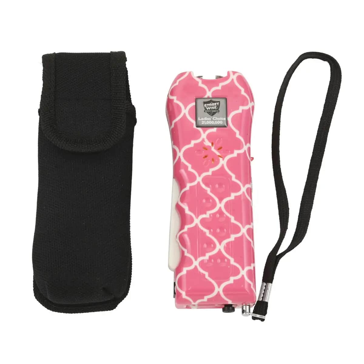 Streetwise Pink and White Quatrefoil Pattern Stun Gun with Flash Light, Alarm and Carry Case (5x1.5) image number 0