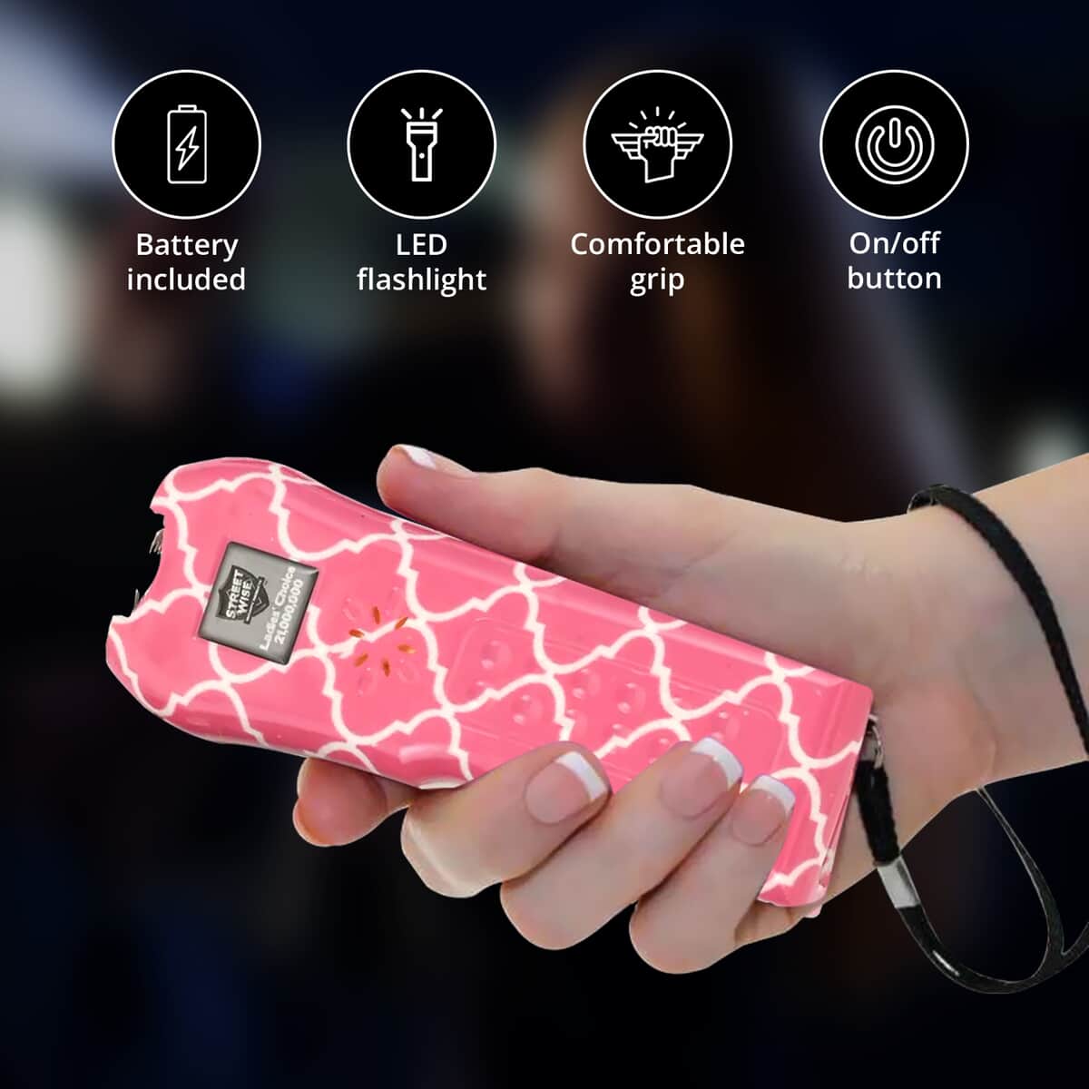 Streetwise Pink and White Quatrefoil Pattern Stun Gun with Flash Light, Alarm and Carry Case (5x1.5) image number 3