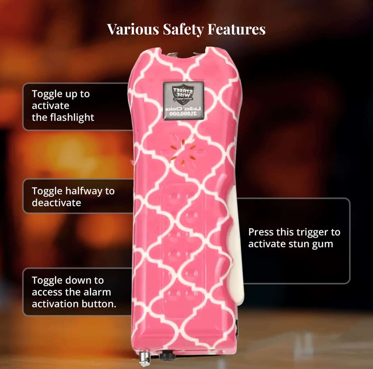 Streetwise Pink and White Quatrefoil Pattern Stun Gun with Flash Light, Alarm and Carry Case (5x1.5) image number 4