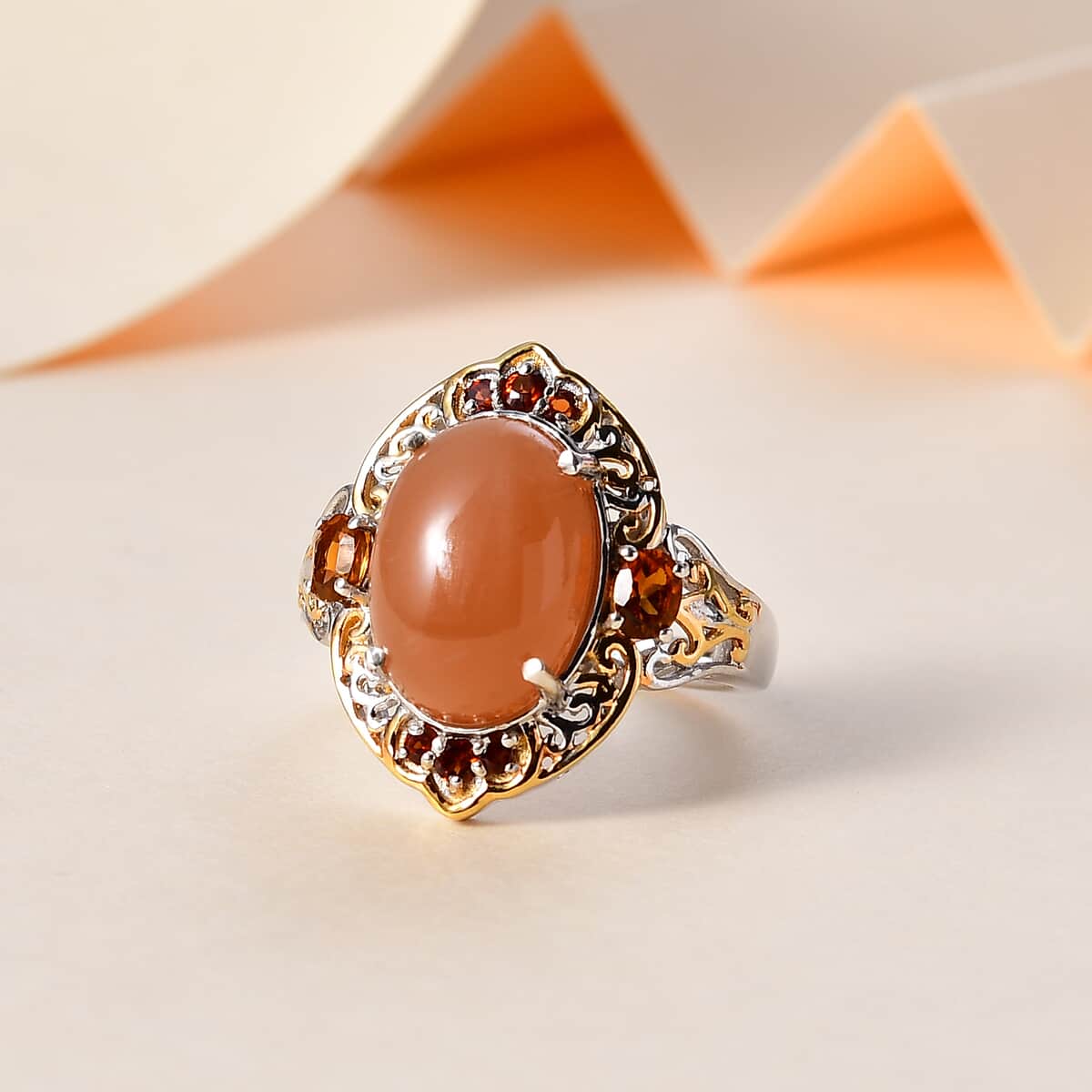 Peach Moonstone and Multi Gemstone Ring in Vermeil YG and Platinum Over Sterling Silver (Size 10.0) 7.15 ctw image number 1