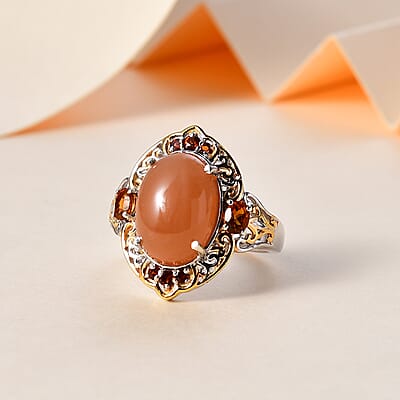 Peach Moonstone and Multi Gemstone Ring in Vermeil YG and Platinum Over Sterling Silver (Size 10.0) 7.15 ctw
