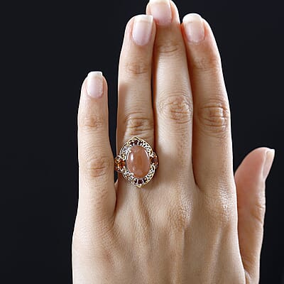 Peach Moonstone and Multi Gemstone Ring in Vermeil YG and Platinum Over Sterling Silver (Size 10.0) 7.15 ctw