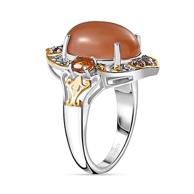 Peach Moonstone and Multi Gemstone Ring in Vermeil YG and Platinum Over Sterling Silver (Size 10.0) 7.15 ctw