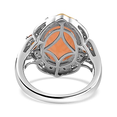 Peach Moonstone and Multi Gemstone Ring in Vermeil YG and Platinum Over Sterling Silver (Size 10.0) 7.15 ctw