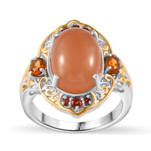Peach Moonstone and Multi Gemstone Ring in Vermeil YG and Platinum Over Sterling Silver (Size 5.0) 7.15 ctw