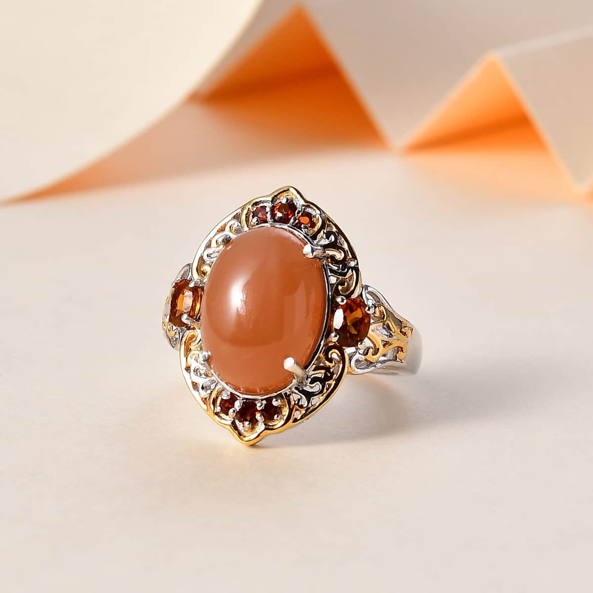 Peach Moonstone and Multi Gemstone Ring in Vermeil YG and Platinum Over Sterling Silver (Size 5.0) 7.15 ctw image number 1