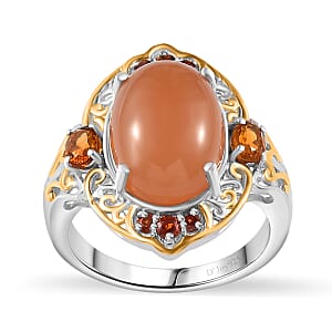 Peach Moonstone and Multi Gemstone Ring in Vermeil YG and Platinum Over Sterling Silver (Size 9.0) 7.15 ctw