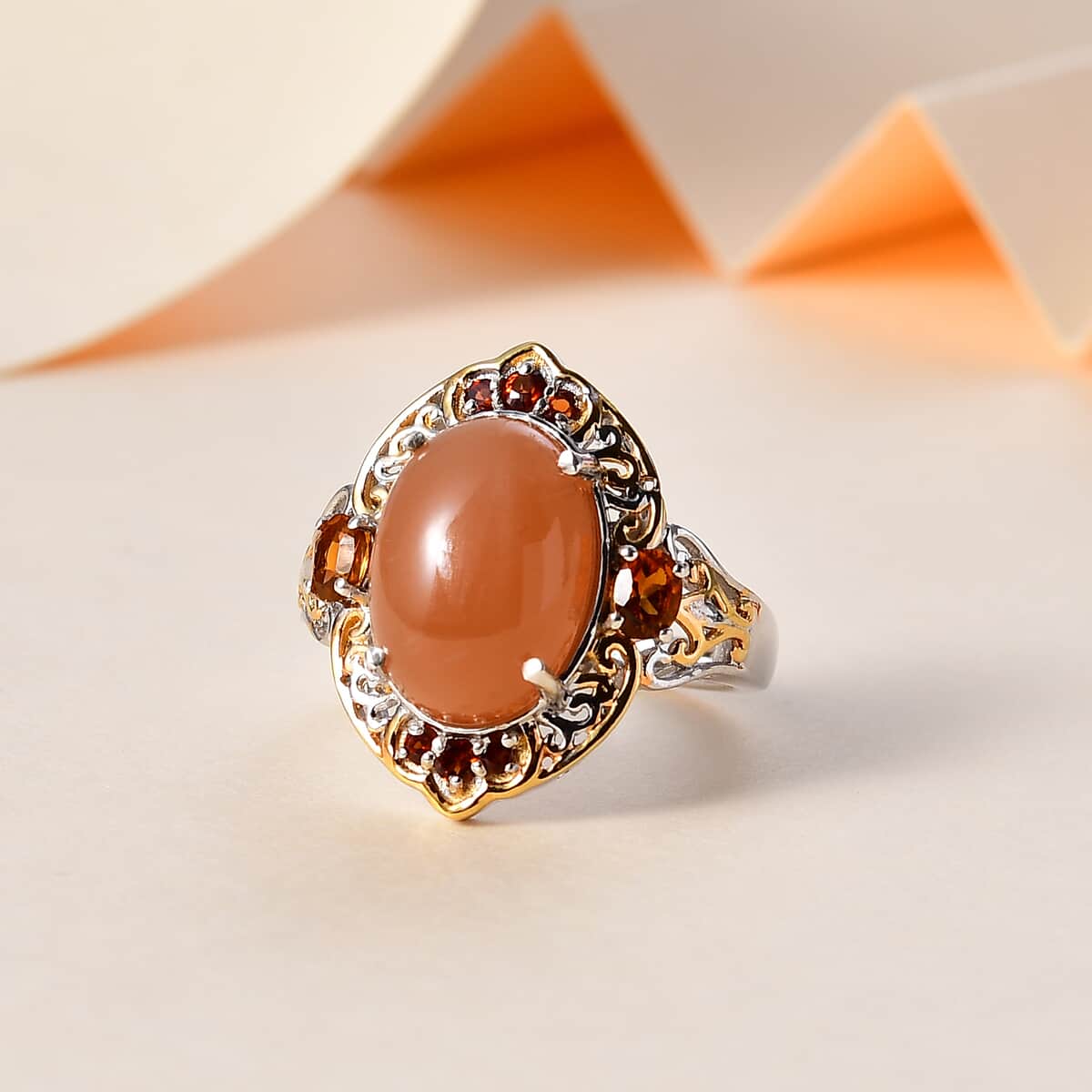 Peach Moonstone and Multi Gemstone Ring in Vermeil YG and Platinum Over Sterling Silver (Size 9.0) 7.15 ctw image number 1