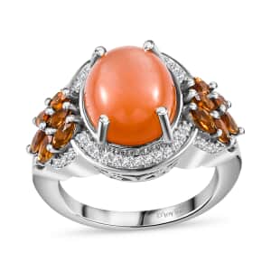 Peach Moonstone and Multi Gemstone Ring in Platinum Over Sterling Silver (Size 10.0) 5.10 ctw (Del. in 10-12 Days)
