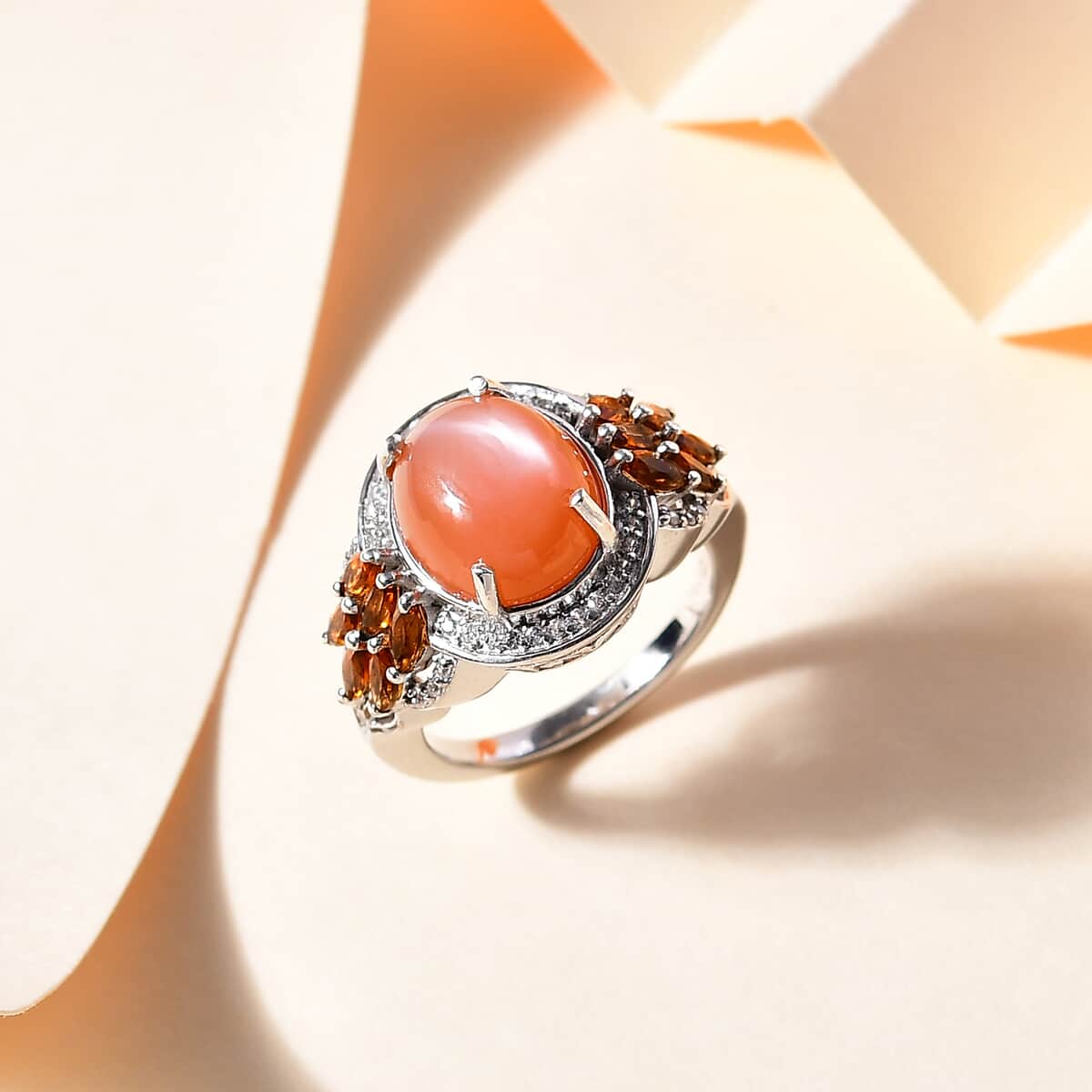 Peach Moonstone and Multi Gemstone Ring in Platinum Over Sterling Silver (Size 10.0) 5.10 ctw image number 1