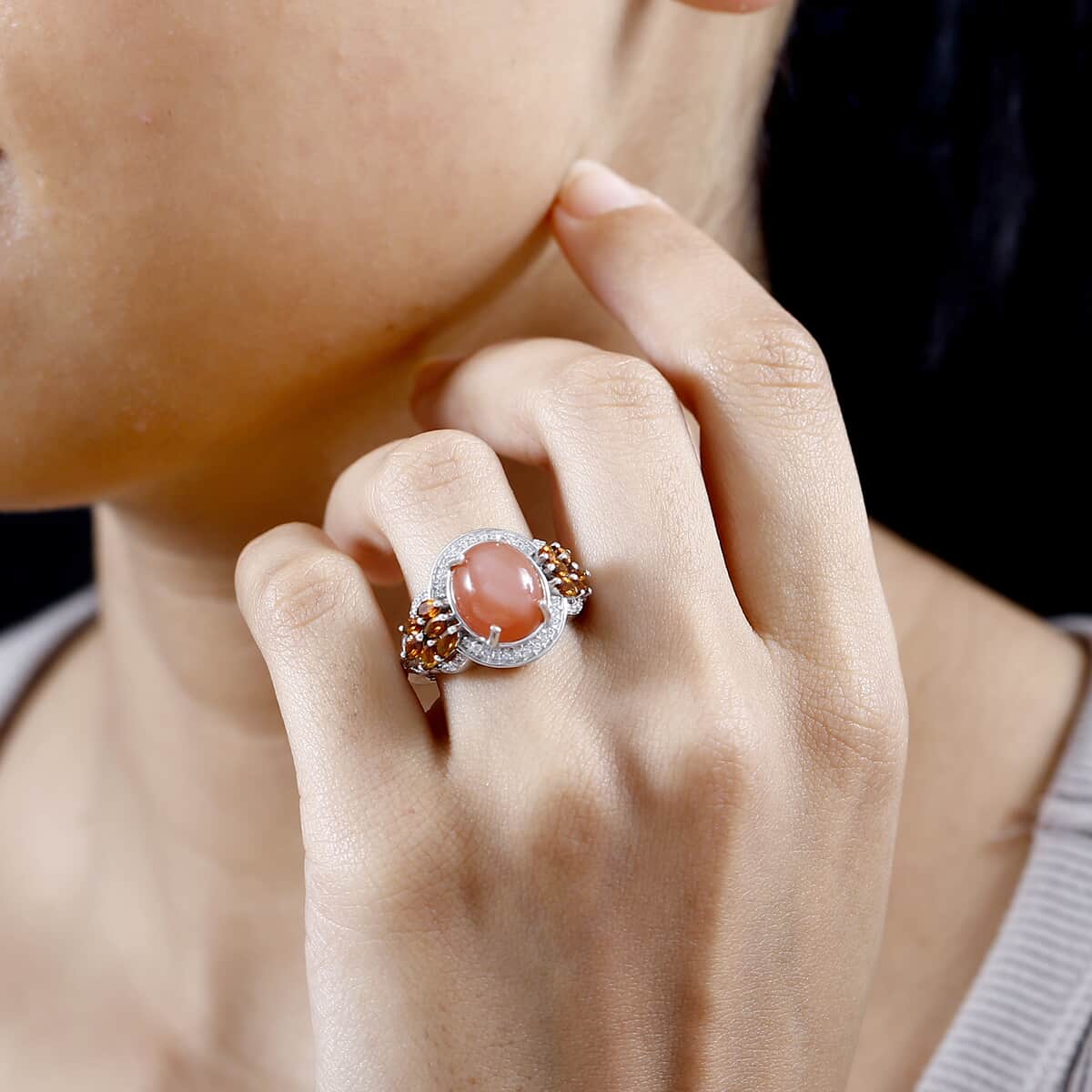 Peach Moonstone and Multi Gemstone Ring in Platinum Over Sterling Silver (Size 6.0) 5.10 ctw image number 2