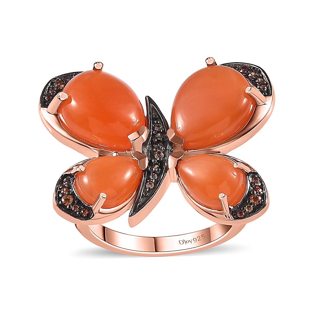 D'Joy Peach Moonstone and Brown Zircon 9.10 ctw Butterfly Ring in Vermeil Rose Gold Over Sterling Silver (Size 10.0)