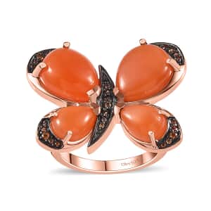 Peach Moonstone and Brown Zircon 9.10 ctw Butterfly Ring in Vermeil Rose Gold Over Sterling Silver (Size 10.0)