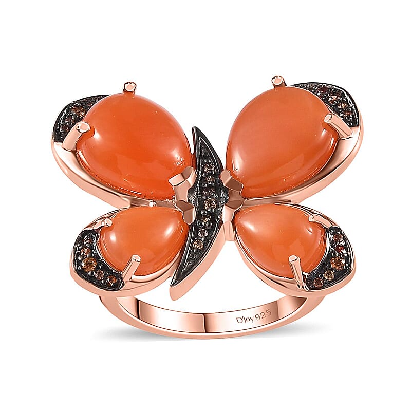 D'Joy Peach Moonstone and Brown Zircon 9.10 ctw Butterfly Ring in Vermeil Rose Gold Over Sterling Silver (Size 10.0)