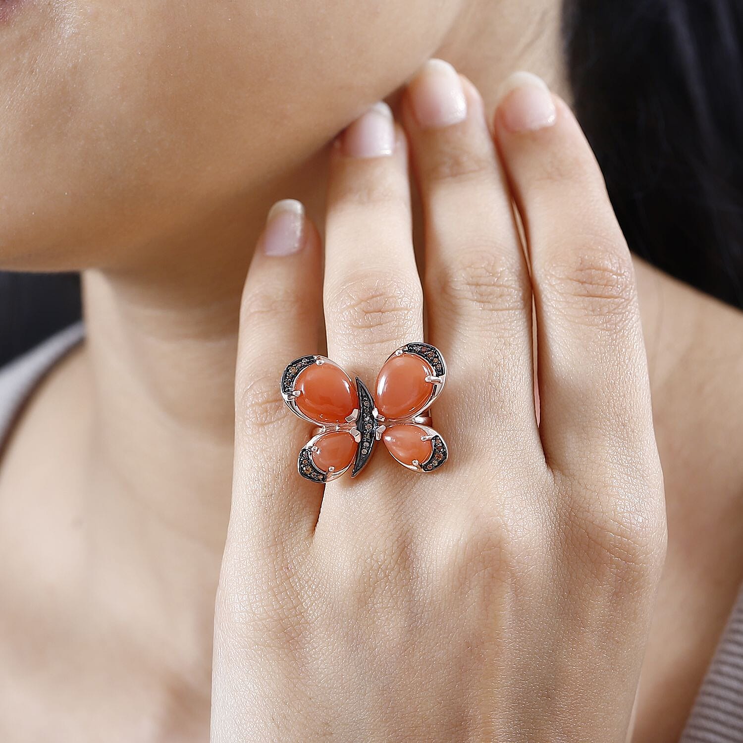 D'Joy Peach Moonstone and Brown Zircon 9.10 ctw Butterfly Ring in Vermeil Rose Gold Over Sterling Silver (Size 10.0)
