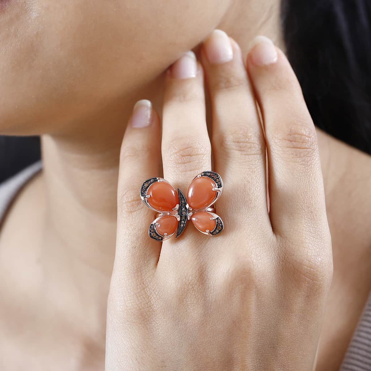 Peach Moonstone, Brown Zircon Butterfly Ring in Vermeil RG Over Sterling Silver (Size 10.0) 9.10 ctw image number 2