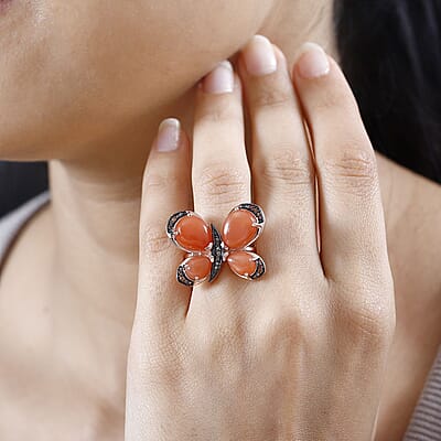 D'Joy Peach Moonstone and Brown Zircon 9.10 ctw Butterfly Ring in Vermeil Rose Gold Over Sterling Silver (Size 10.0)