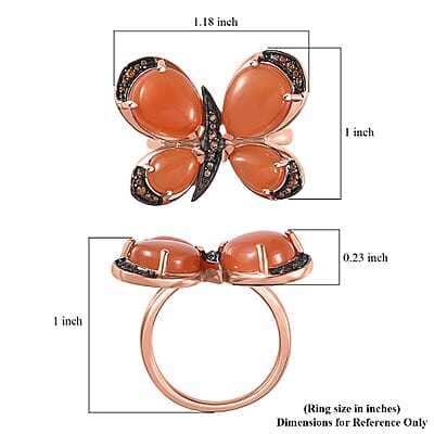 D'Joy Peach Moonstone and Brown Zircon 9.10 ctw Butterfly Ring in Vermeil Rose Gold Over Sterling Silver (Size 10.0)
