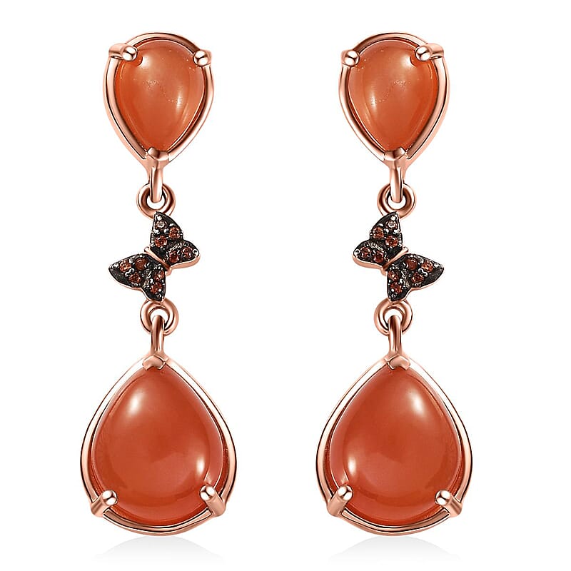 Peach Moonstone and Brown Zircon Butterfly Earrings in Vermeil Rose Gold Over Sterling Silver 9.10 ctw