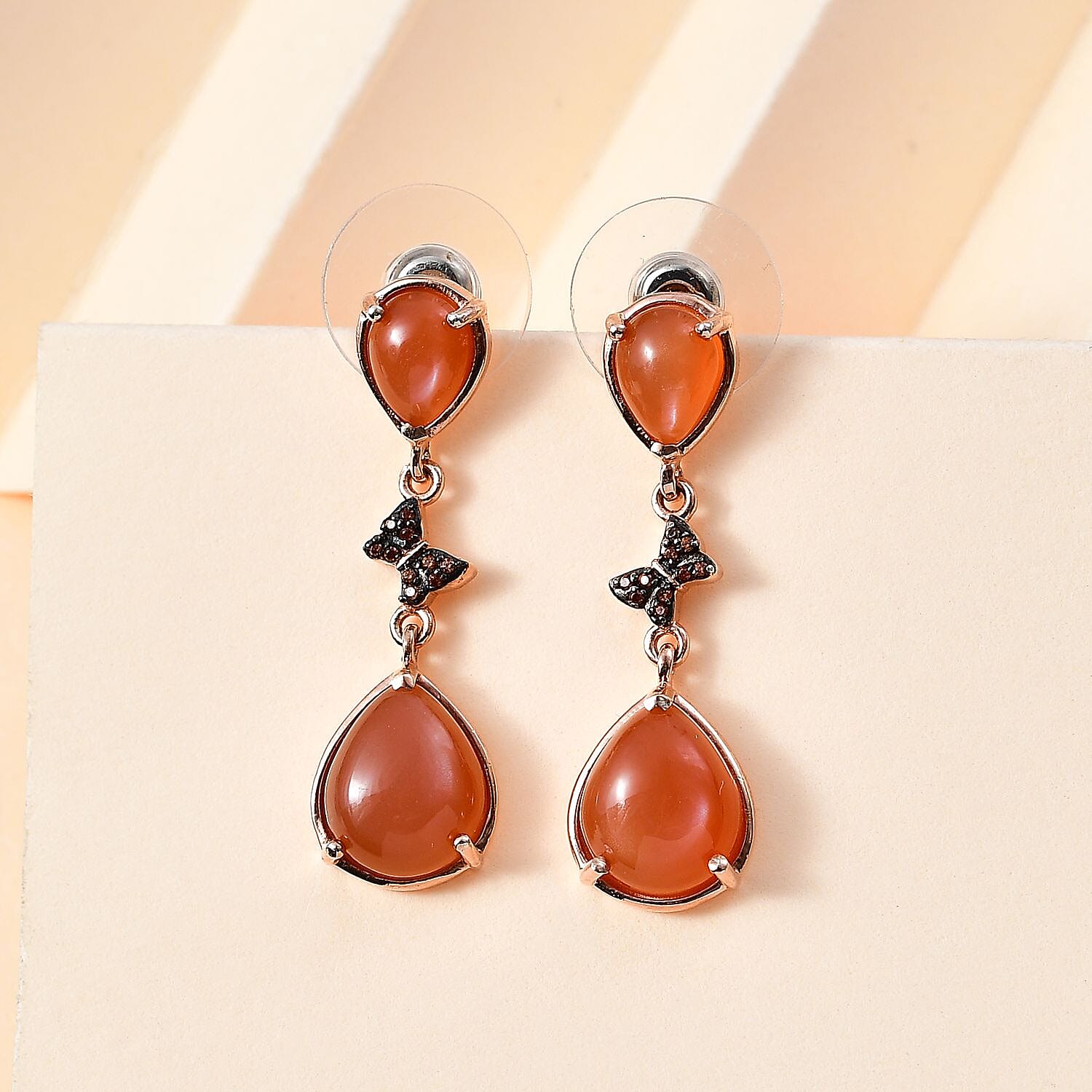 Peach Moonstone and Brown Zircon Butterfly Earrings in Vermeil Rose Gold Over Sterling Silver 9.10 ctw