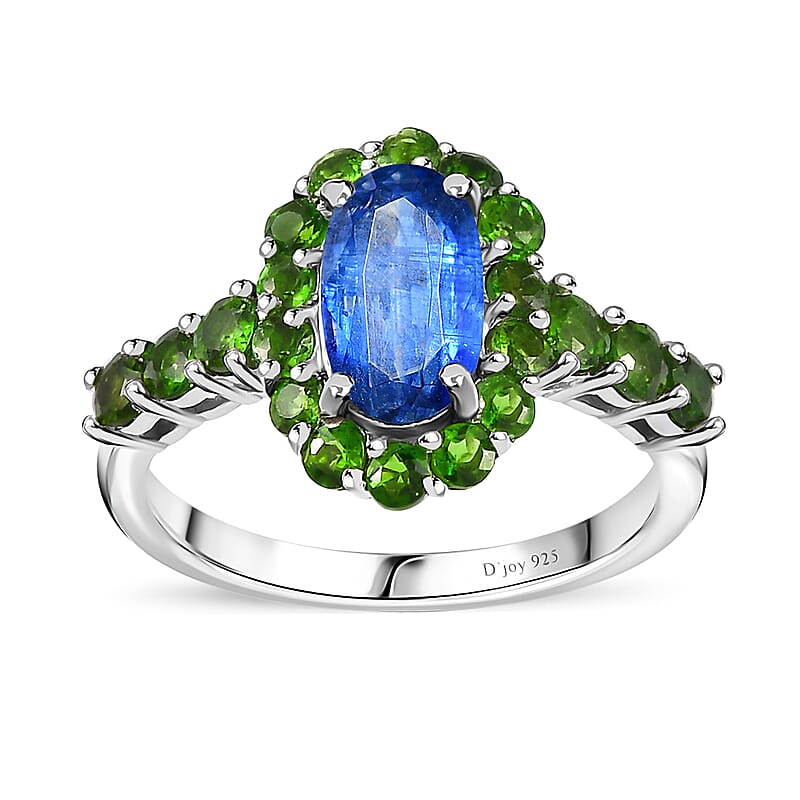 Kashmir Kyanite and Chrome Diopside Halo Ring in Platinum Over Sterling Silver (Size 10.0) 2.60 ctw
