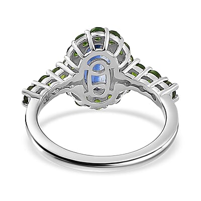 Kashmir Kyanite and Chrome Diopside Halo Ring in Platinum Over Sterling Silver (Size 10.0) 2.60 ctw