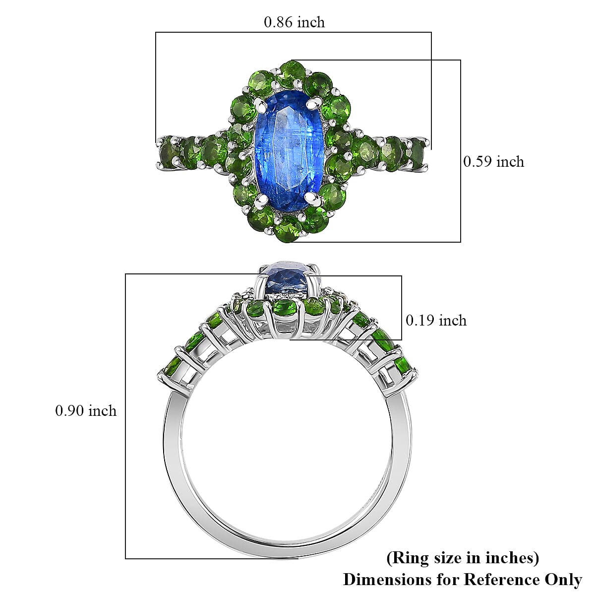Kashmir Kyanite and Chrome Diopside Halo Ring in Platinum Over Sterling Silver (Size 10.0) 2.60 ctw