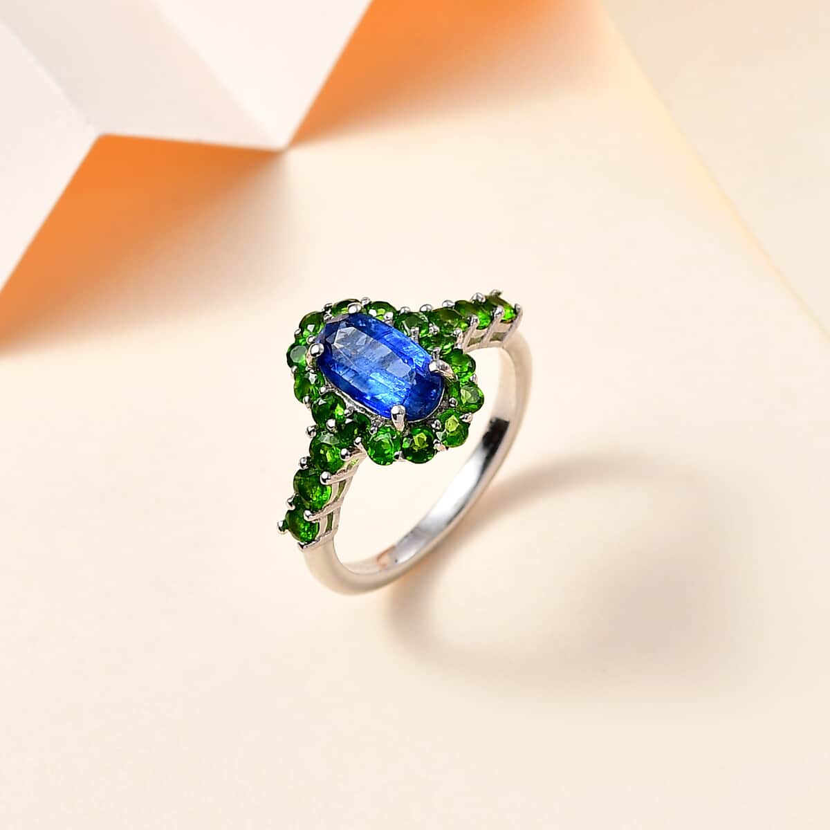 Kashmir Kyanite and Chrome Diopside Halo Ring in Platinum Over Sterling Silver (Size 7.0) 2.60 ctw image number 1