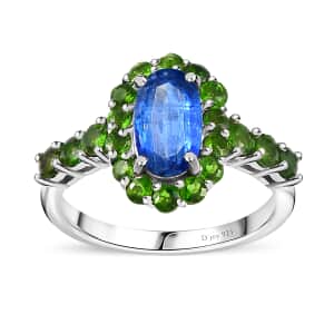 Kashmir Kyanite and Chrome Diopside Halo Ring in Platinum Over Sterling Silver (Size 8.0) 2.60 ctw