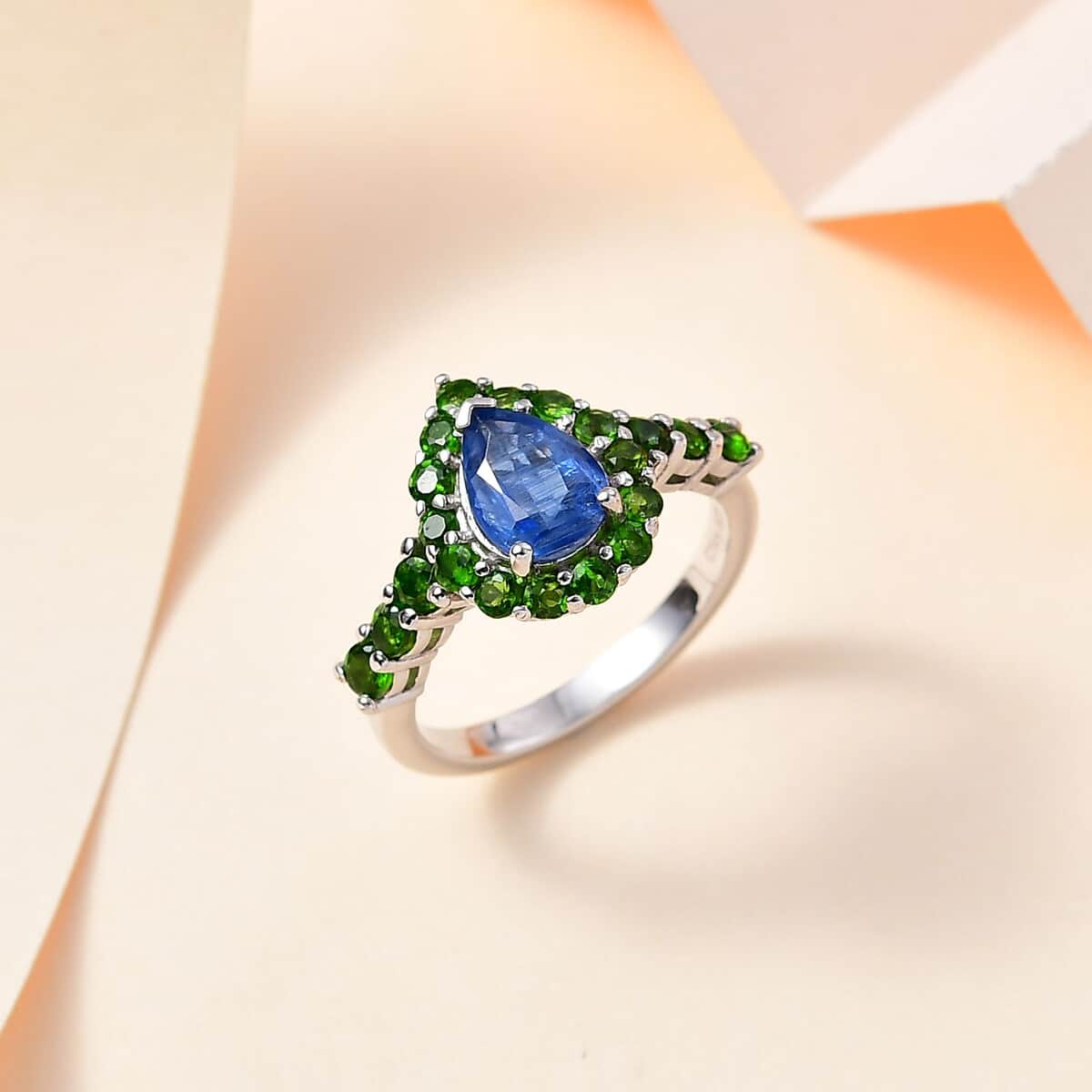 Kashmir Kyanite and Chrome Diopside Halo Ring in Platinum Over Sterling Silver (Size 10.0) 2.50 ctw image number 1