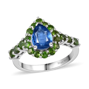 Kashmir Kyanite and Chrome Diopside Halo Ring in Platinum Over Sterling Silver (Size 6.0) 2.50 ctw