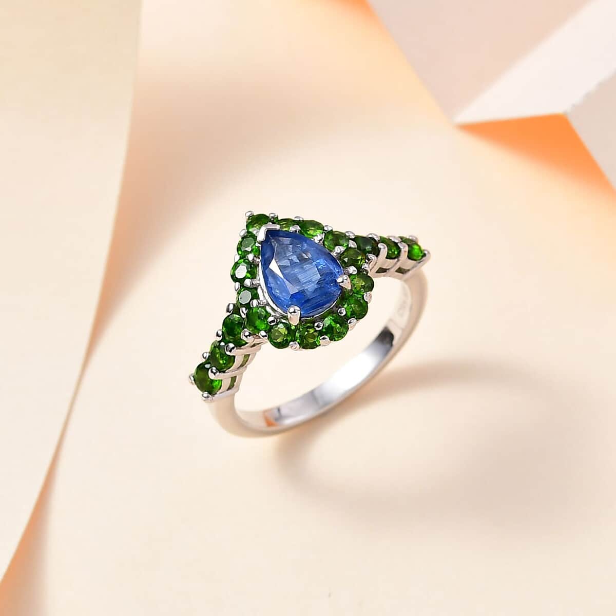 Kashmir Kyanite and Chrome Diopside Halo Ring in Platinum Over Sterling Silver (Size 6.0) 2.50 ctw image number 1