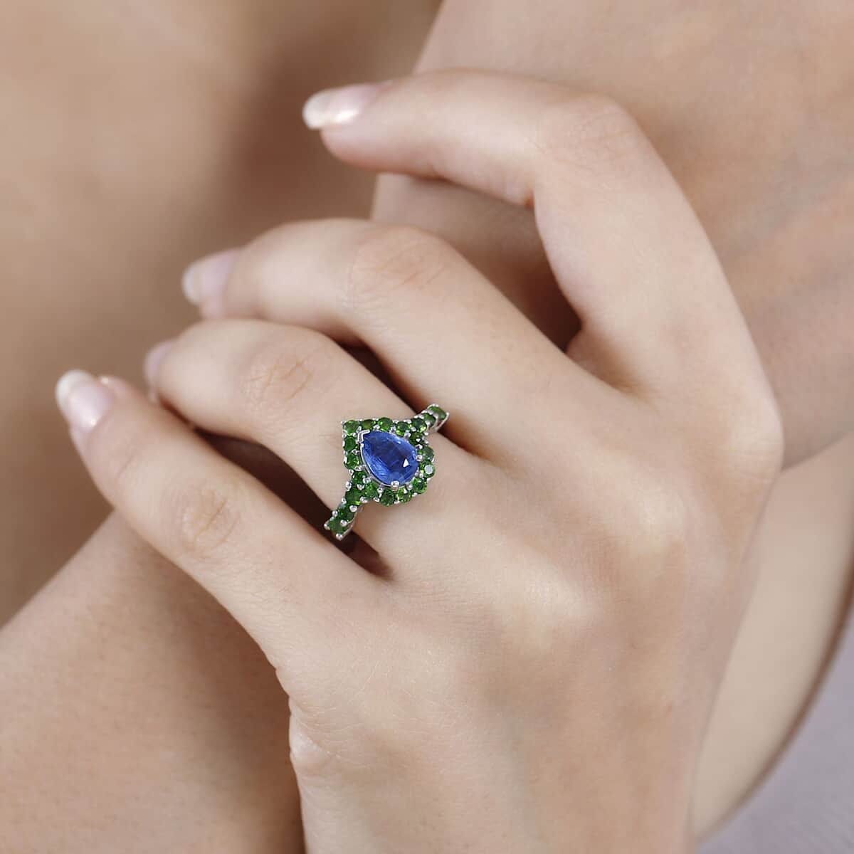 Kashmir Kyanite and Chrome Diopside Halo Ring in Platinum Over Sterling Silver (Size 6.0) 2.50 ctw image number 2