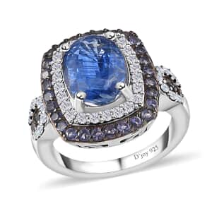 Kashmir Kyanite and Multi Gemstone Double Halo Ring in Platinum Over Sterling Silver (Size 10.0) 4.30 ctw