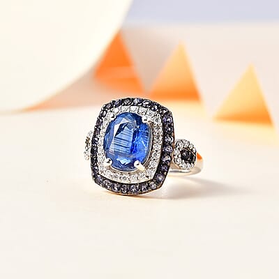 Kashmir Kyanite and Multi Gemstone Double Halo Ring in Platinum Over Sterling Silver (Size 10.0) 4.30 ctw