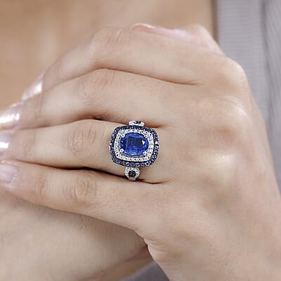 Kashmir Kyanite and Multi Gemstone Double Halo Ring in Platinum Over Sterling Silver (Size 10.0) 4.30 ctw