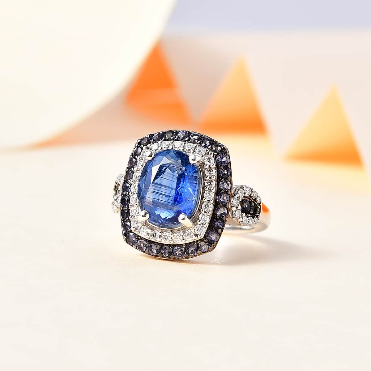 Kashmir Kyanite and Multi Gemstone Double Halo Ring in Platinum Over Sterling Silver (Size 6.0) 4.30 ctw image number 1