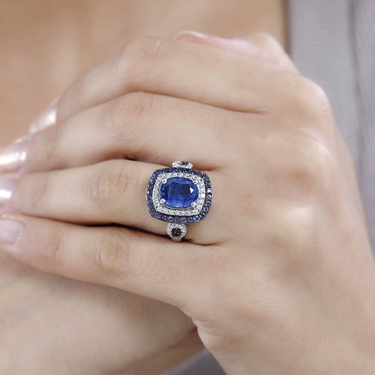 Kashmir Kyanite and Multi Gemstone Double Halo Ring in Platinum Over Sterling Silver (Size 6.0) 4.30 ctw image number 2