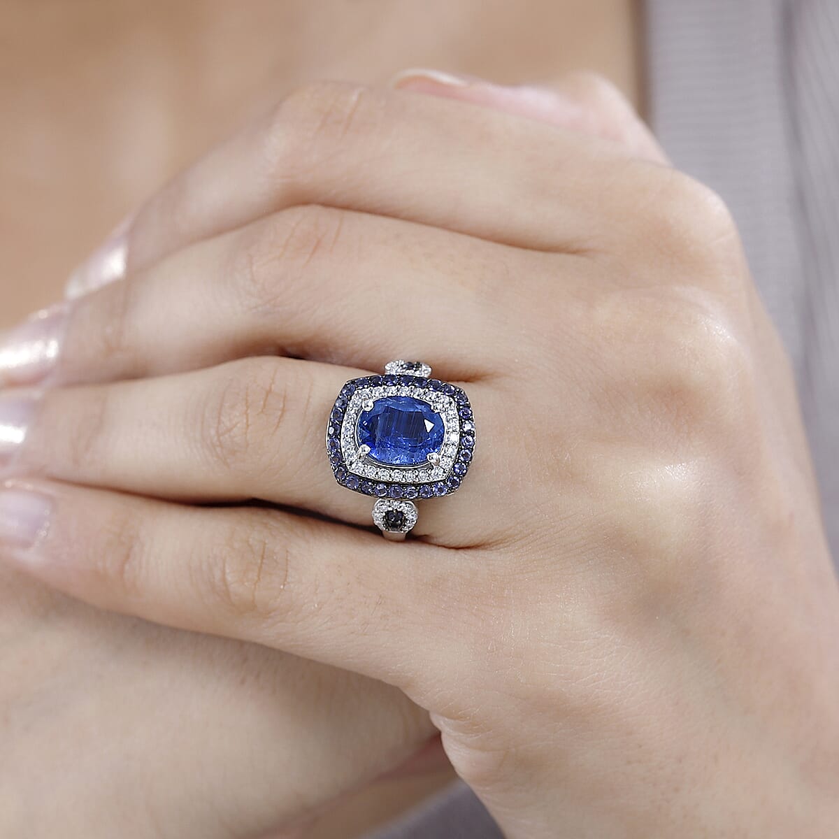 Kashmir Kyanite and Multi Gemstone Double Halo Ring in Platinum Over Sterling Silver (Size 9.0) 4.30 ctw image number 2