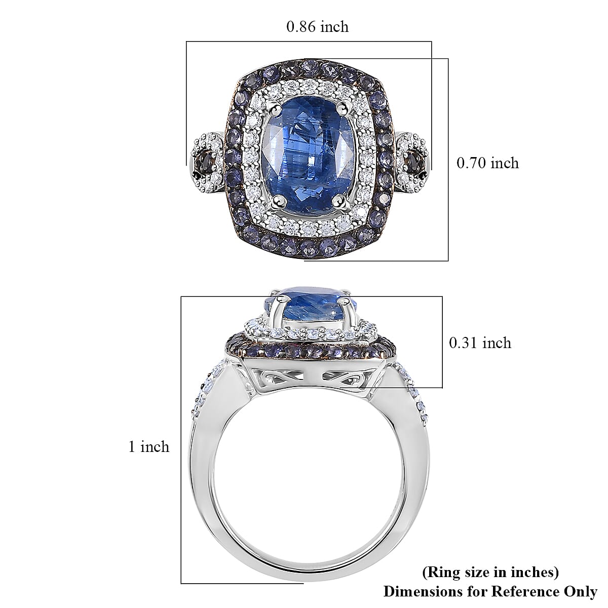 Kashmir Kyanite and Multi Gemstone Double Halo Ring in Platinum Over Sterling Silver (Size 9.0) 4.30 ctw image number 5