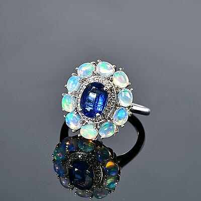 Kashmir Kyanite and Multi Gemstone Double Halo Ring in Platinum Over Sterling Silver (Size 10.0) 2.75 ctw